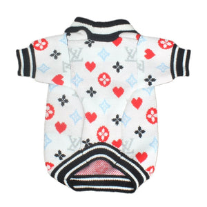 White knit dog sweater V monogram hearts Louis Vuitton inspired with ribbed trim