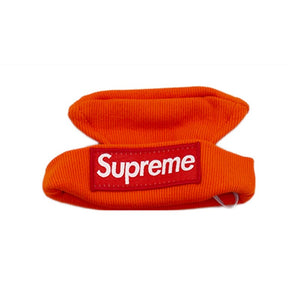 Orange knit dog beanie with red Supreme box logo streetwear style
