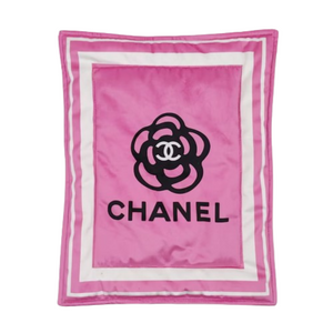Black Chanel style dog blanket with white logo and text border