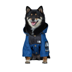 Blue denim TDF dog jacket front view showing logo patches and snap buttons