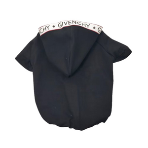 Close-up of white GIVENCHY logo trim detail on black dog hoodie hood