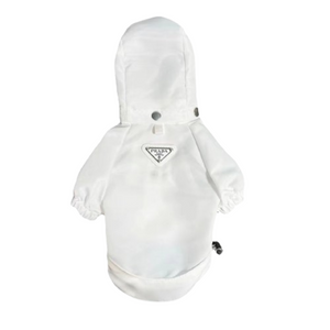 White hooded dog windbreaker Prada style with triangle logo and adjustable hood