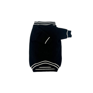 Back view of black knit dog sweater showing varsity-style stripe details