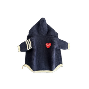 CDG heart logo knit dog hoodie navy blue with white contrast cuffs flat lay