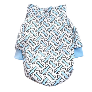 Blue TB monogram dog jacket Burberry style with light blue ribbed cuffs and collar