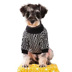 Black and white FF logo knit dog sweater with ribbed collar