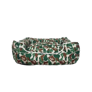 Green brown camo dog bed with bolster edges and streetwear inspired pattern