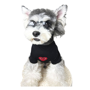Black dog tee with red CDG heart logo on small dog with glasses