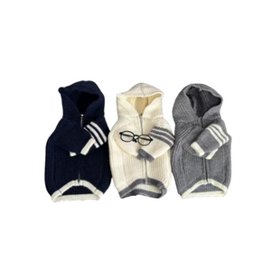 Navy grey beige knit dog hoodies with CDG heart logo and ribbed cuffs