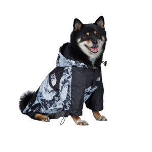 Side view of dog in TDF Frosty Trek jacket showing zip closure and fit