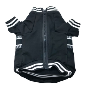 Dior style navy dog jacket with full zip closure and white stripe details