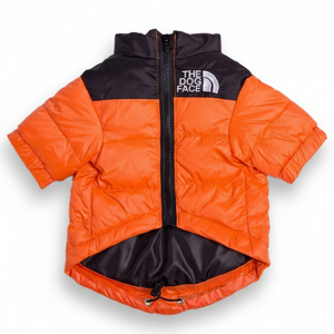 Orange and black quilted puffer jacket for dogs inspired by North Face Nuptse