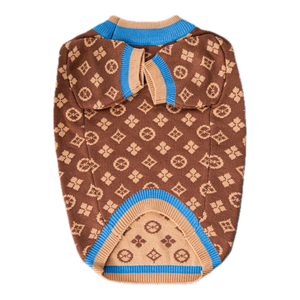 Back view brown V monogram dog sweater with contrast blue and tan ribbed trim and bow detail