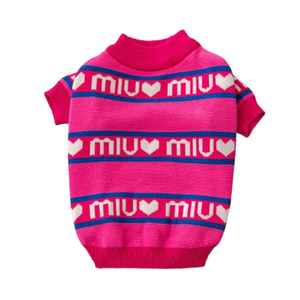 Pink knit dog sweater with heart motifs and logo stripes Miu Miu parody