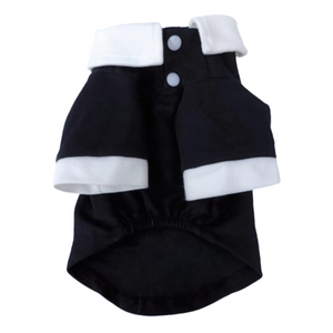 Black dog dress with white collar and decorative bow accents Chanel inspired
