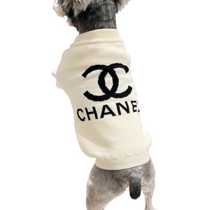 Back view of cream knit dog sweater with CC logo Chanel style design