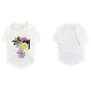 White dog tee with graffiti graphics Anti Social Puppy Club branding