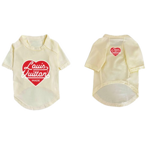 Beige dog tee with red heart logo Louis Vuitton inspired design front and back view