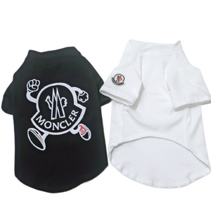 Black cotton dog tee with white Moncler inspired logo badge on chest