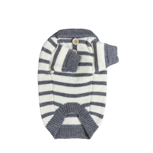 Polo inspired striped knit dog sweater with ribbed collar and two button placket