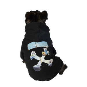 Black Off-White inspired dog hoodie with mixed media quote graphic on back panel
