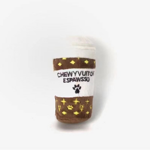 Chewy Vuitton Espawso coffee cup plush toy with monogram pattern and gold details