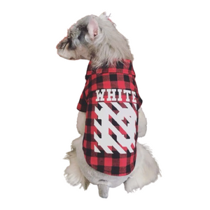 Red plaid dog tee with OFF-WHITE style diagonal branding on small white dog