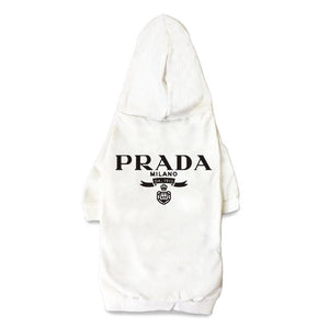White dog hoodie with black Prada Milano branding, designer streetwear style