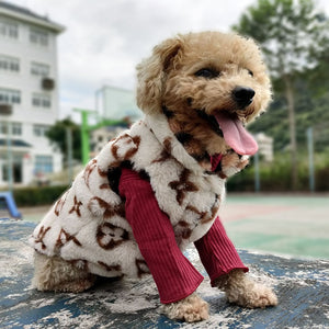 Small dog wearing cream faux fur vest with V monogram pattern outdoors