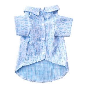 Light blue oblique print dog shirt with button closure and curved hem Dior style