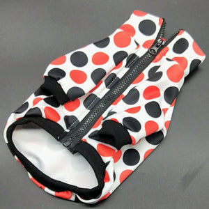 White polka dot dog jacket Prada style with red black pattern and zipper detail