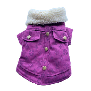Purple corduroy dog jacket with V monogram embossing and white sherpa collar Louis Vuitton inspired