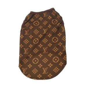 Brown sleeveless dog tee back view showing full monogram pattern Louis Vuitton inspired