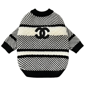 Black diagonal stripe knit dog sweater with white logo detail Chanel style