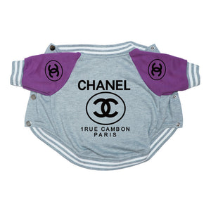 Gray varsity bomber dog jacket with purple sleeves Chanel inspired logos snap closure