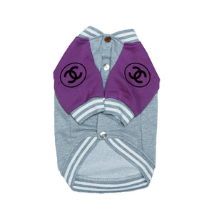 Dog varsity bomber jacket gray body purple sleeves snap closure ribbed trim Chanel style