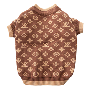 Brown and tan monogram dog sweater Louis Vuitton style flat lay