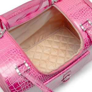 Houndstooth pattern luxury dog carrier with structured frame and premium buckles