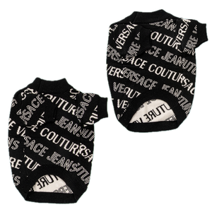 Designer dog sweater with fashion house text print in black and white colorway