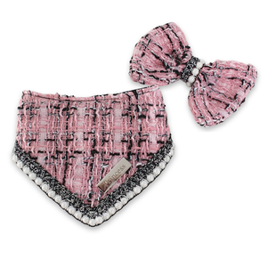 Pink tweed dog bandana and bow set with pearl trim Chanel style