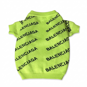 Green logo knit dog sweater Pawlenciaga branding with ribbed collar and cuffs