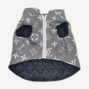 Denim Blue Monogram Hooded dog jacket inspired by Louis Vuitton view 2