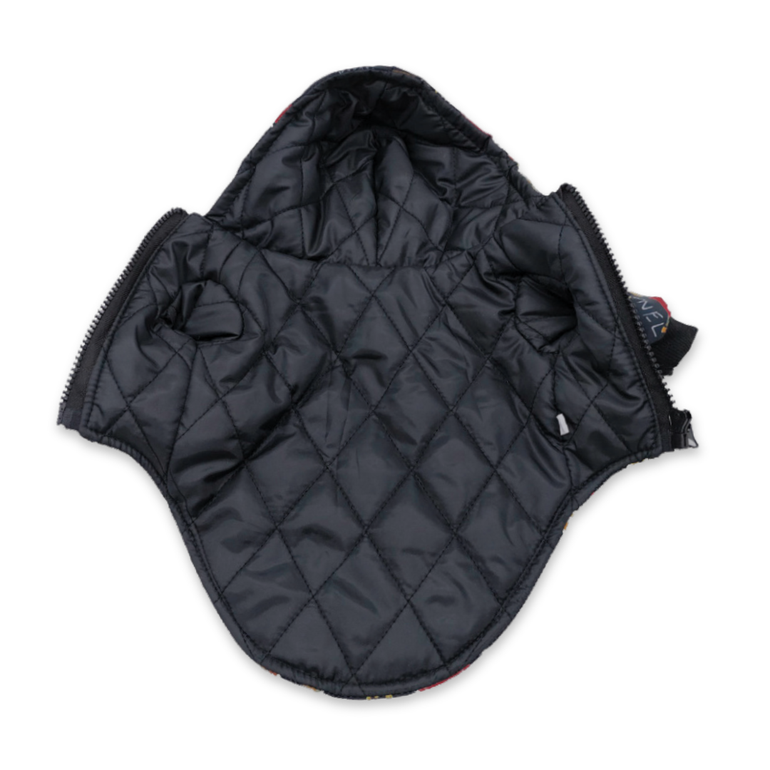 Diamond quilted black lining interior of luxury dog vest