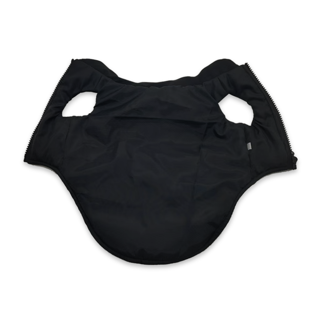 Interior view of black Chanel inspired dog vest with logo stripe