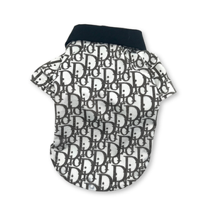 Navy and white oblique print dog polo with tailored fit and collar detail