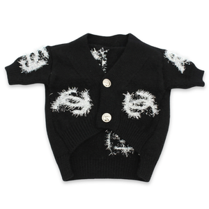 Black knit dog cardigan with white fringe Chanel logo details and gold buttons