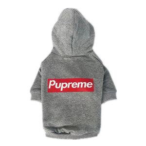 Gray dog hoodie with red Pupreme box logo and ribbed cuffs