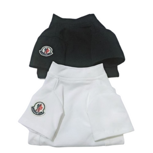 White cotton dog tee with black Moncler logo badge, minimalist design