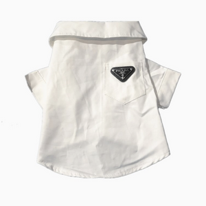 White collared dog shirt Prada style with structured collar and chest pocket
