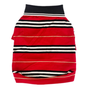Classic striped dog polo flat lay showing button placket and collar construction